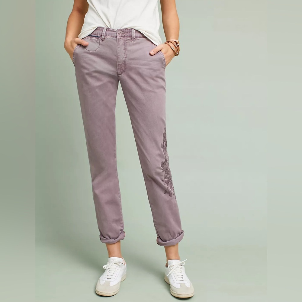 Anthropologie Embroidered Chino Pants